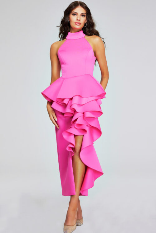 Model wearing Pink High Neck Ruffle Gown 37090