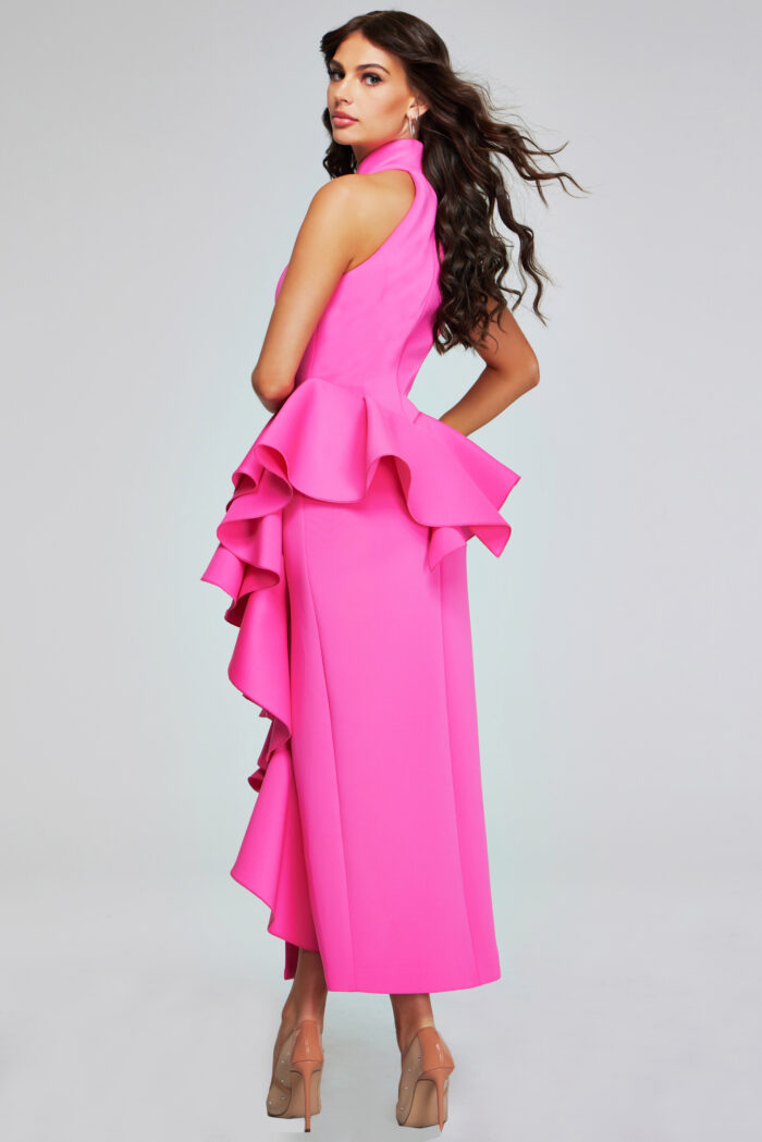 Model wearing Pink High Neck Ruffle Gown 37090