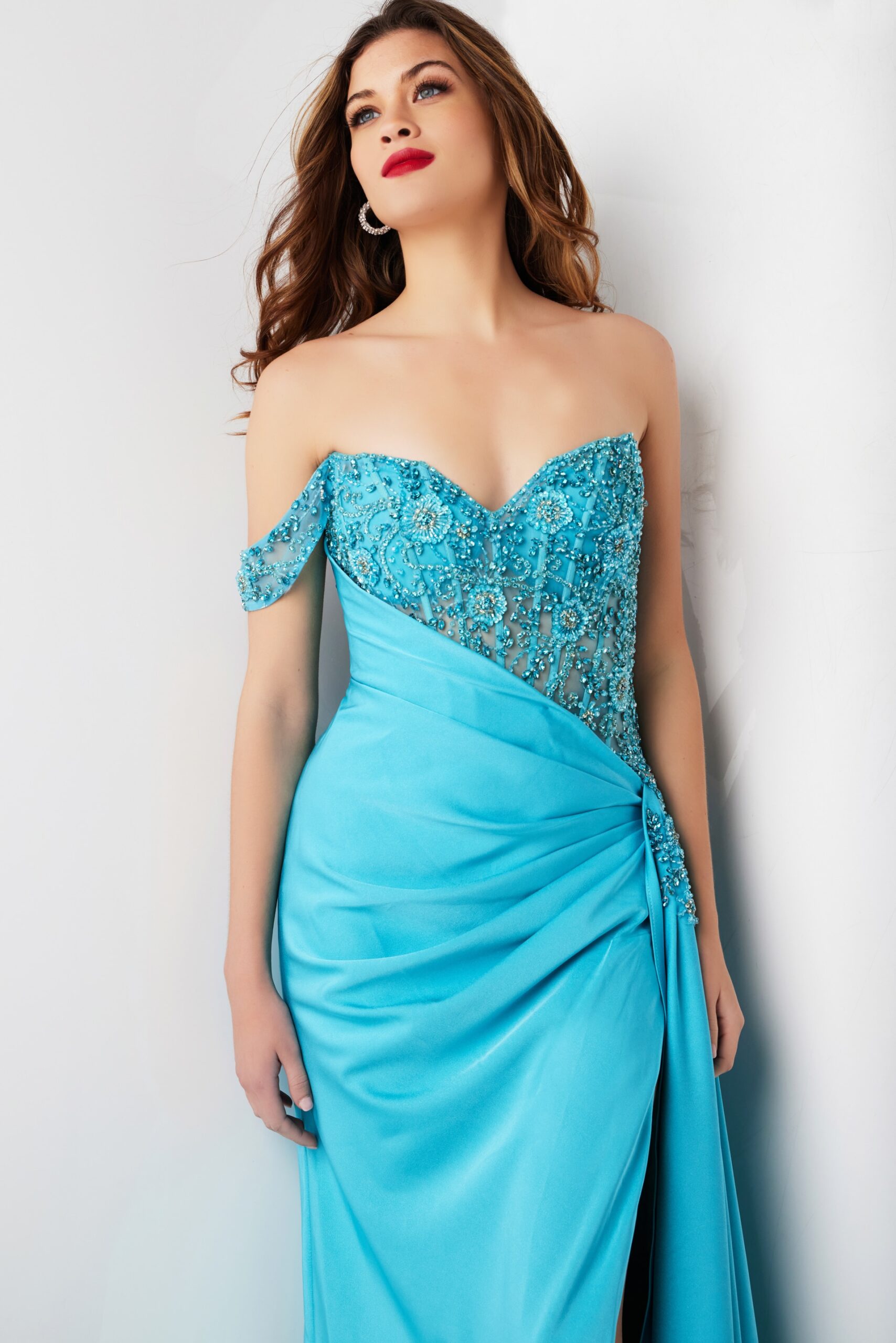 Model wearing Tiffany Blue Embellished Corset Bodice Gown 37094