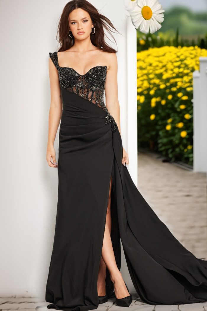 Model wearing Black Embellished Bodice Sheath Dress 37094