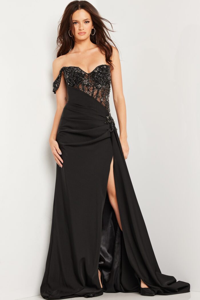 Model wearing Black Embellished Bodice Sheath Dress 37094
