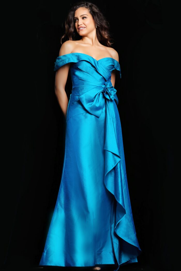 Model wearing Peacock Off the Shoulder Formal Dress 37098