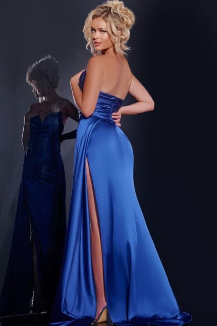 Model wearing Jovani 37150 royal blue dress back view