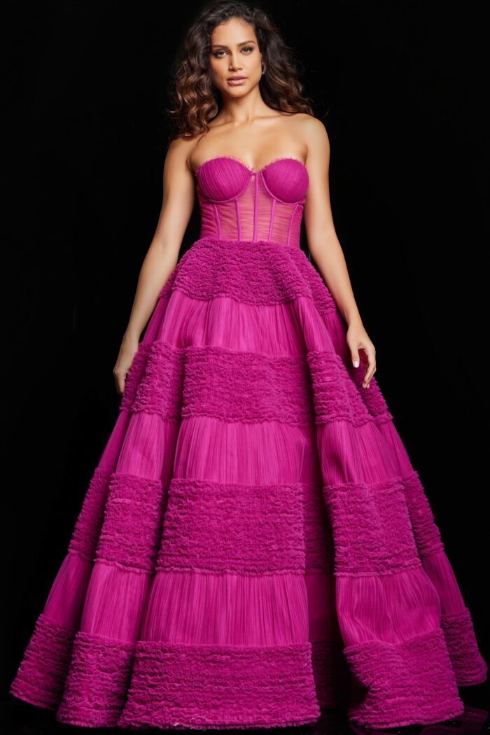 Model wearing Raspberry Tulle Corset Bodice A Line Gown 37157