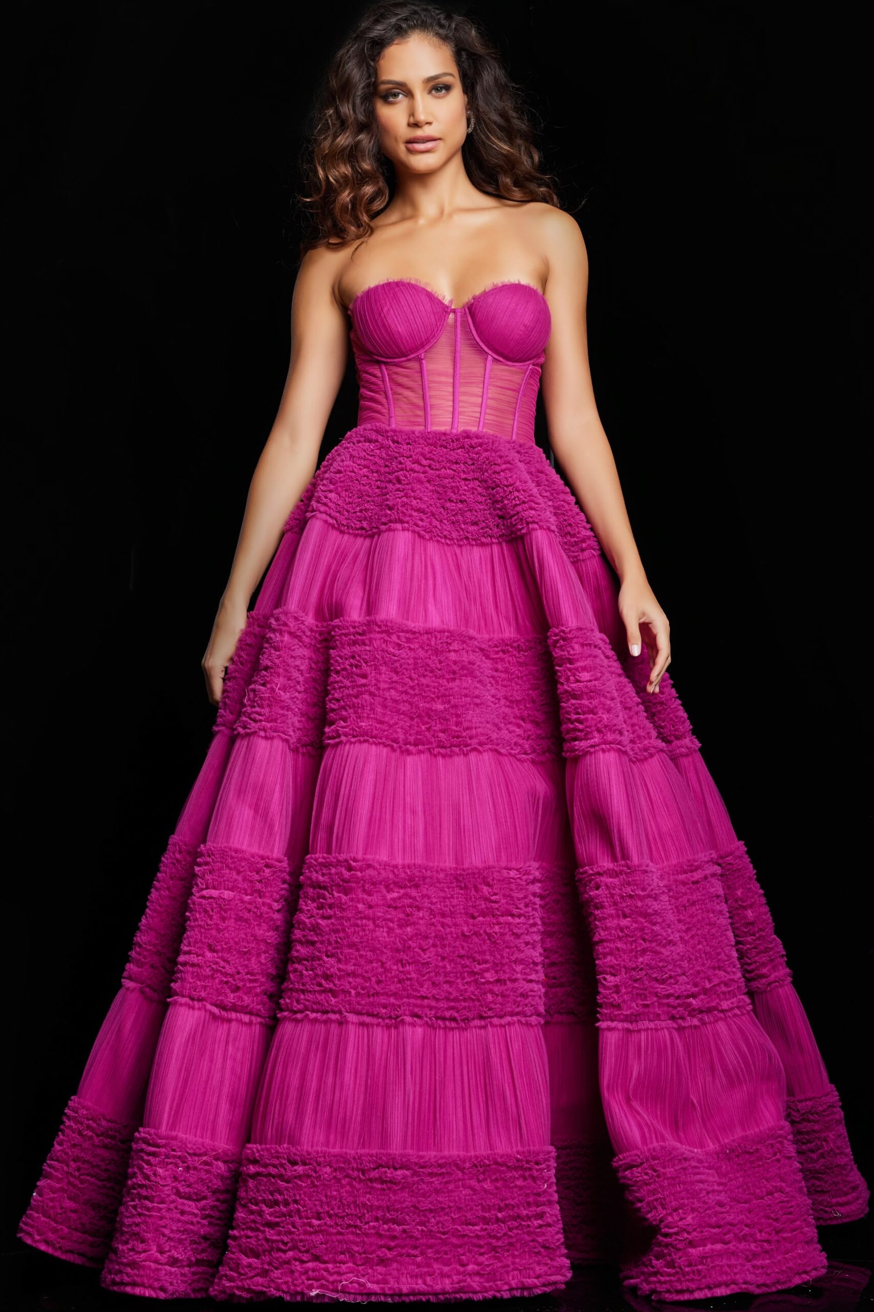 Raspberry Tulle Corset Bodice A Line Gown 37157