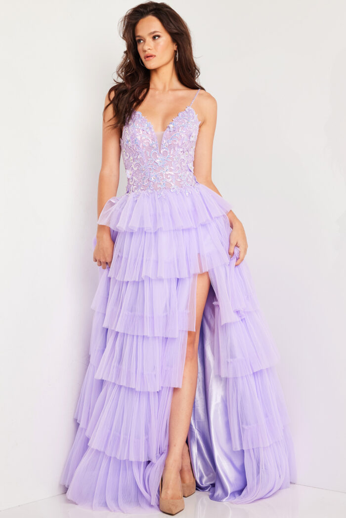 Model wearing Lilac embroidered Bodice A Line Gown 37190