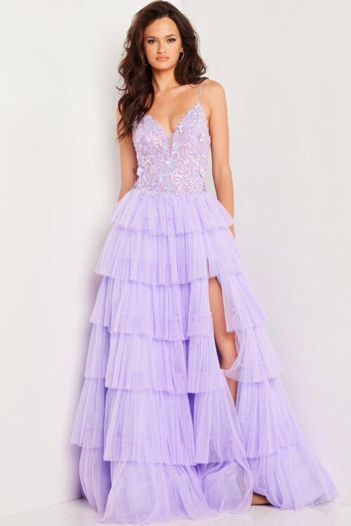 Model wearing Lilac embroidered Bodice A Line Gown 37190