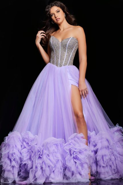 Model wearing Jovani 37199 lilac ball gown with high slit and sweetheart neckline from the front.