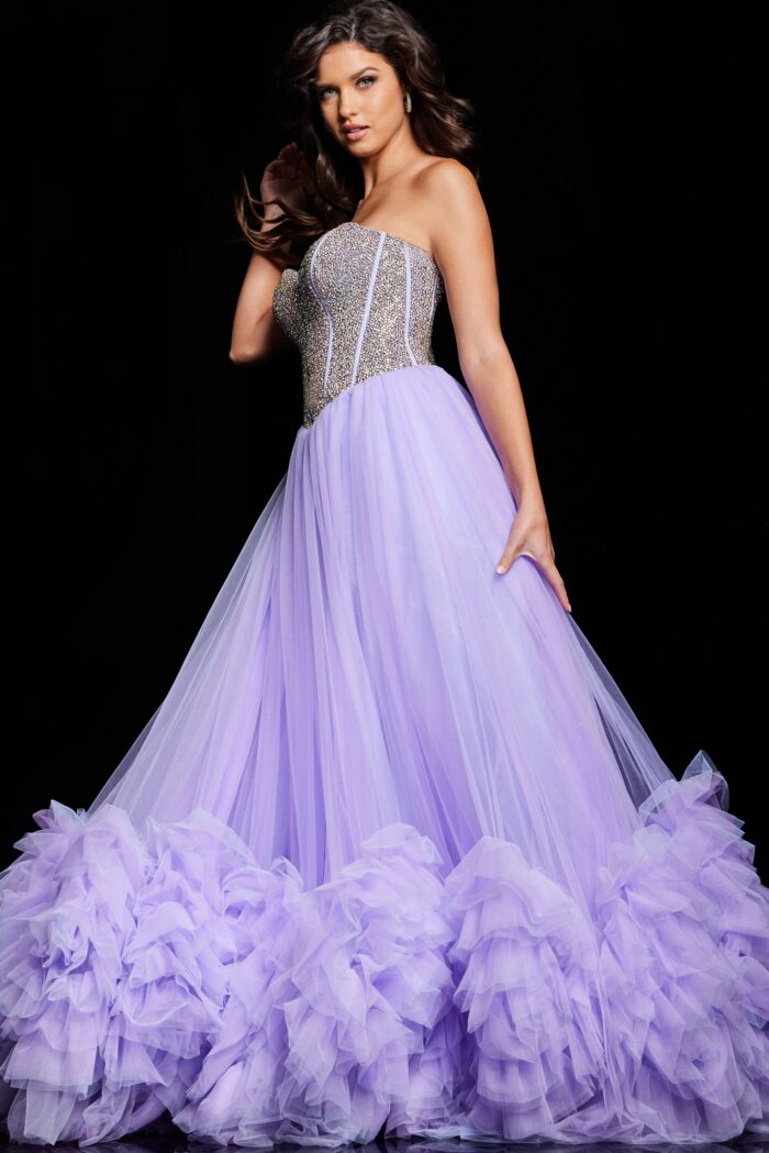 Model wearing Lilac Beaded Corset Bodice Tulle Ballgown 37199