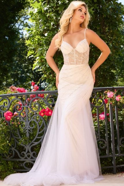 Full view of Jovani 37201 white gown, showcasing intricate beadwork and elegant design.