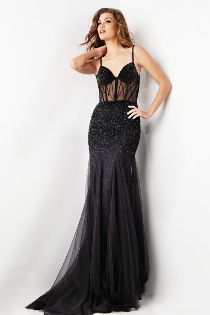 Model wearing Black Sheer Bodice Spaghetti Strap Dress 37202