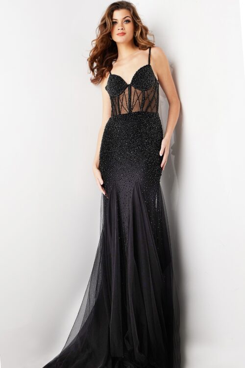 Model wearing Black Sheer Bodice Spaghetti Strap Dress 37202