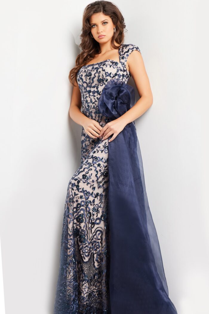 Model wearing Navy Nude Embroidered Cap Sleeve Gown 37203