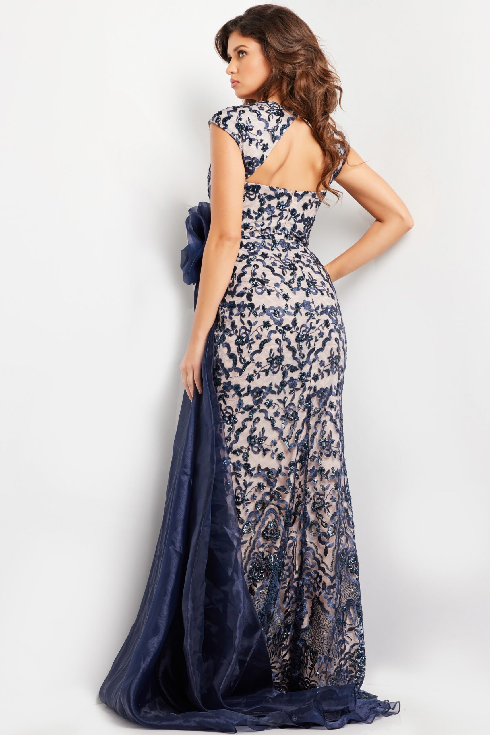 Navy Nude Embroidered Cap Sleeve Gown 37203