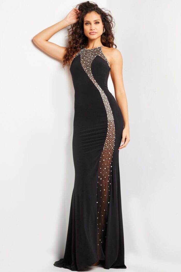 Model wearing Black Embellished Sleeveless Gown 37215