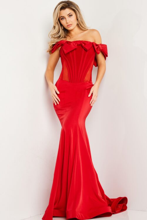 Model wearing Red Mermaid Off the Shoulder Dress 37225