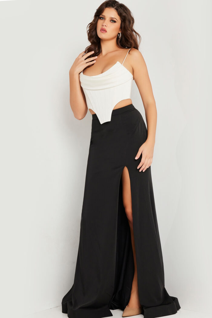 Model wearing Black and White High Slit Dress 37234