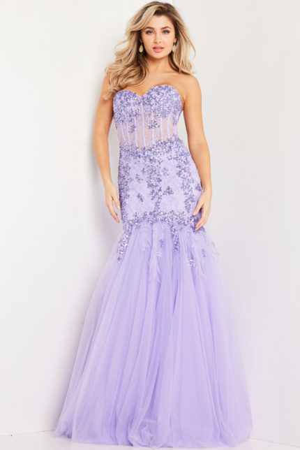 Model wearing Jovani 37249 lilac dress with mermaid silhouette and sweetheart neckline.