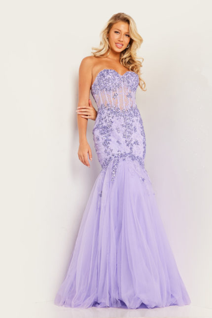 Model showcasing Jovani 37249 lilac dress from the front with intricate embroidery.