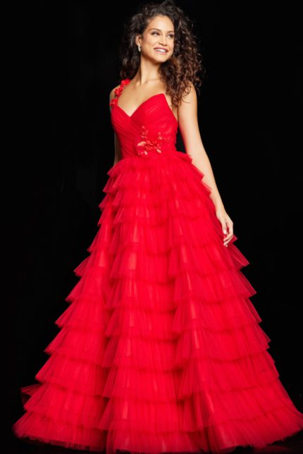 Model wearing Jovani 37274 red gown with sweetheart neckline and floral appliqué, front view.