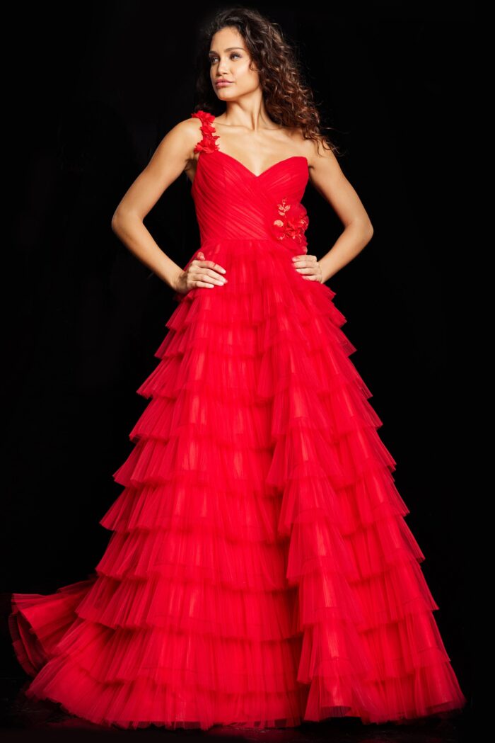 Model wearing Red Tulle One Shoulder Gown 37274