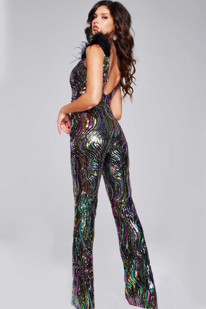 Model wearing Feathered Embellished Jumpsuit 37276