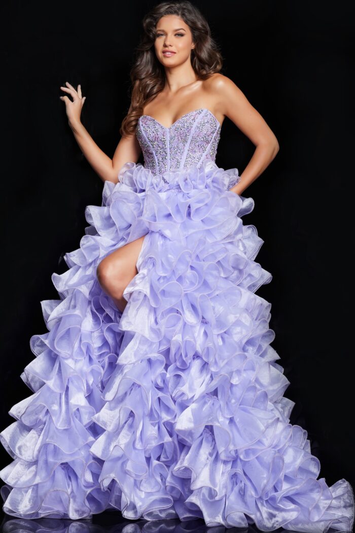 Model wearing Corset Bodice Lilac Prom Dress 37322