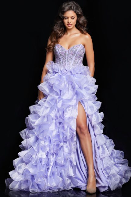 model wearing 37322 lilac dress with sweetheart neckline and ruffled skirt