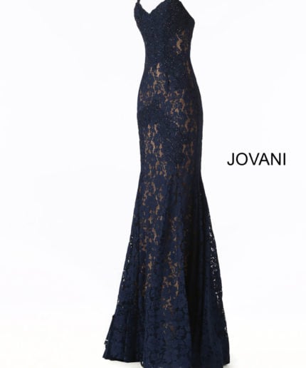 Jovani 37334 navy lace mermaid gown with sweetheart neckline on display