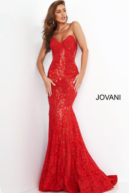 Model wearing Jovani 37334 red lace mermaid gown with sweetheart neckline