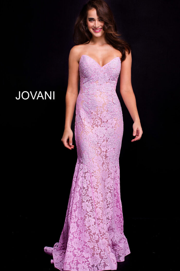 Model wearing Jovani 37334 Emerald Strapless Fitted Lace Evening Dress