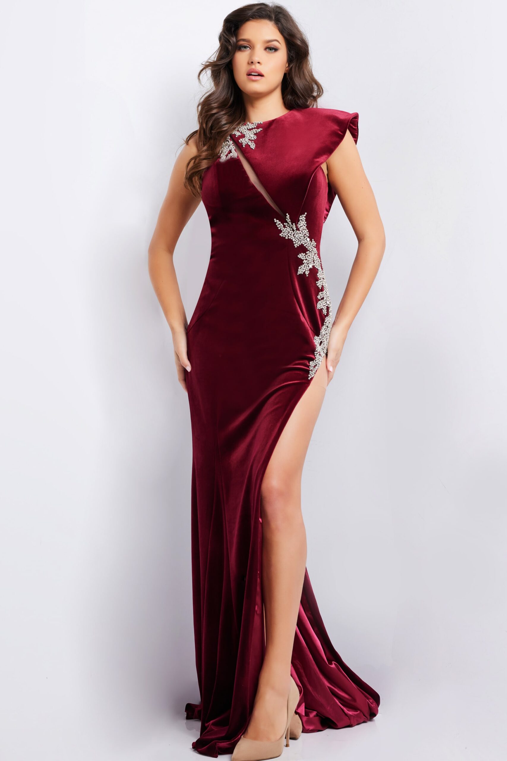 Burgundy Crystal Embellished Velvet Gown 37341