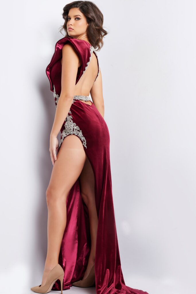 Burgundy Crystal Embellished Velvet Gown 37341