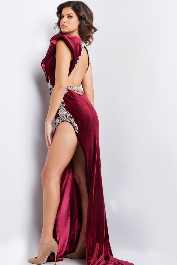 Model wearing Burgundy Crystal Embellished Velvet Gown 37341