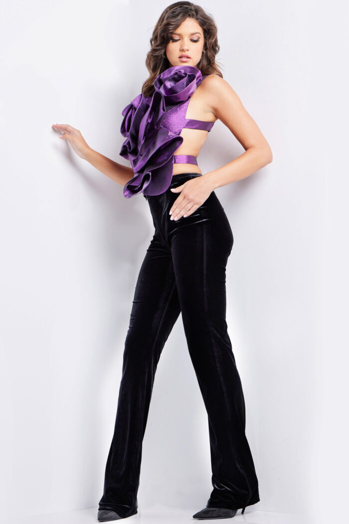 Model wearing Purple and Black Two Piece Contemporary Outfit 37362