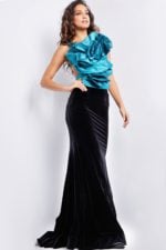 Model wearing Jovani 37363 dress with a blue floral bodice and black velvet skirt, front view.