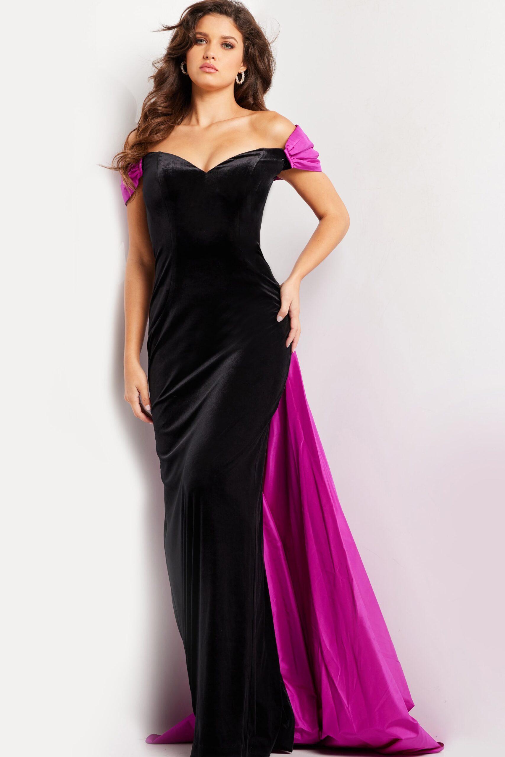 Black Fuchsia Velvet Off the Shoulder Dress 37375