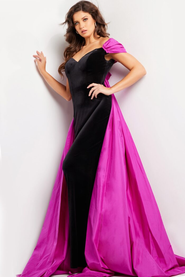 Model wearing Black Fuchsia Velvet Off the Shoulder Dress 37375
