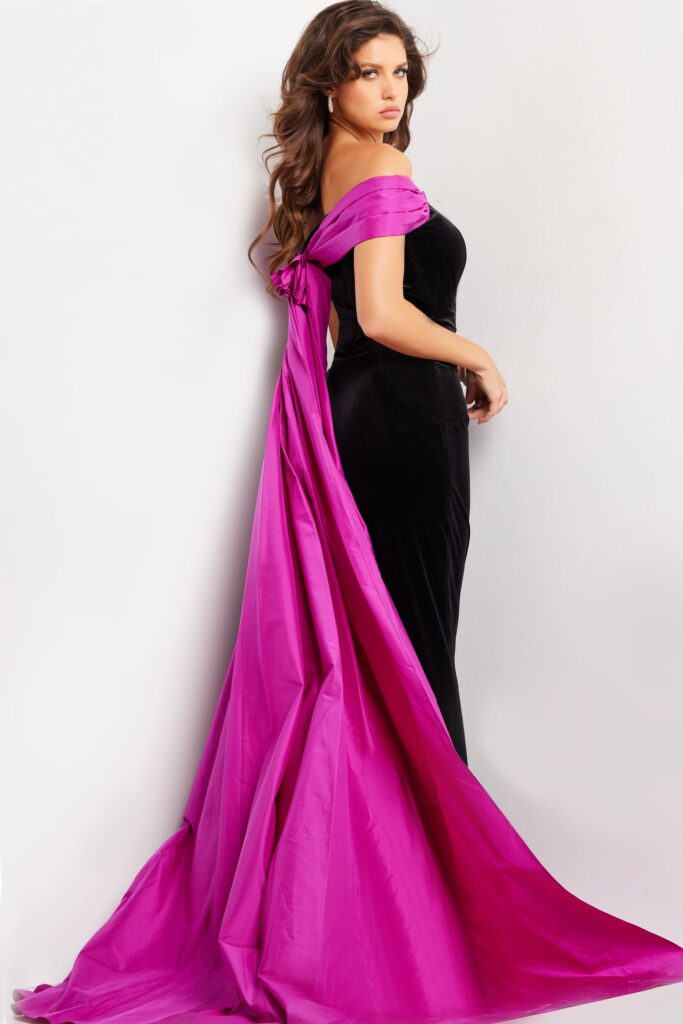 Black Fuchsia Velvet Off the Shoulder Dress 37375