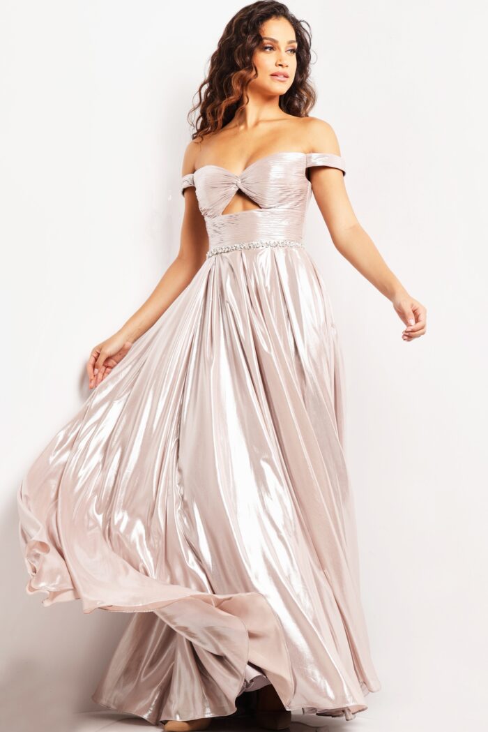 Model wearing Taupe Metallic Off the Shoulder Dress 37381
