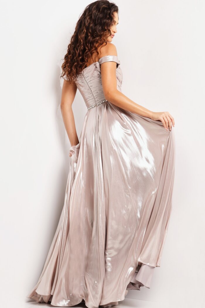 Model wearing Taupe Metallic Off the Shoulder Dress 37381