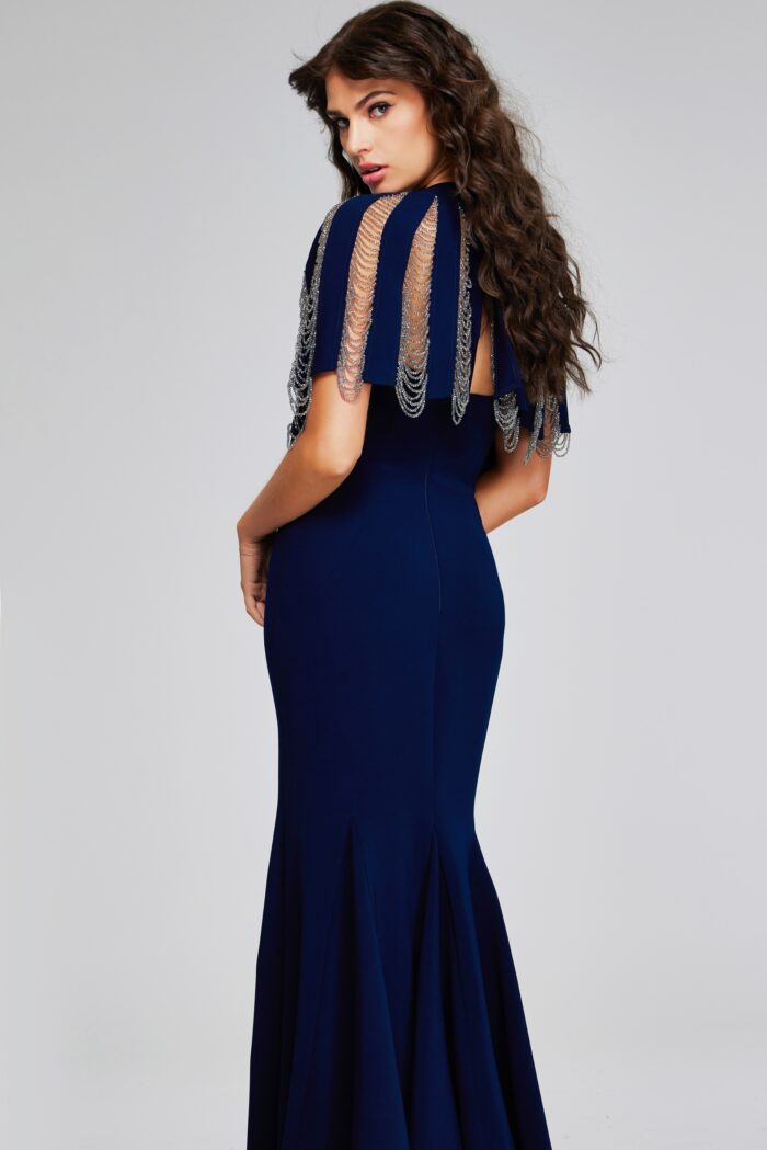 Model wearing Navy Gown with Chain Fringe Detail and Side Slit 37386