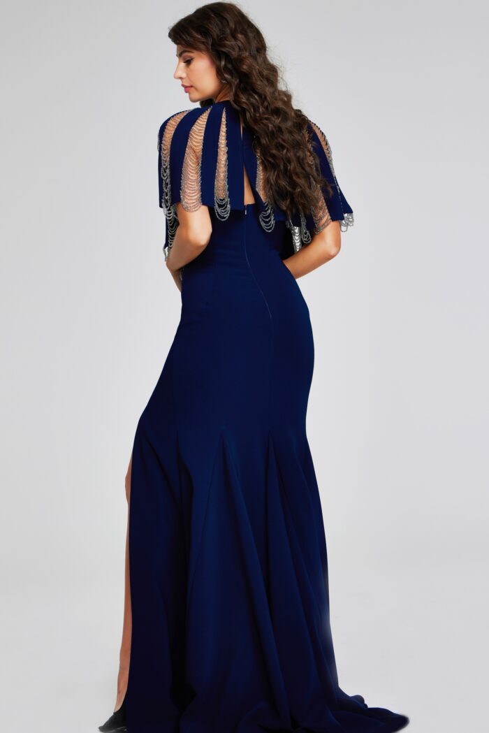 Model wearing Navy Gown with Chain Fringe Detail and Side Slit 37386