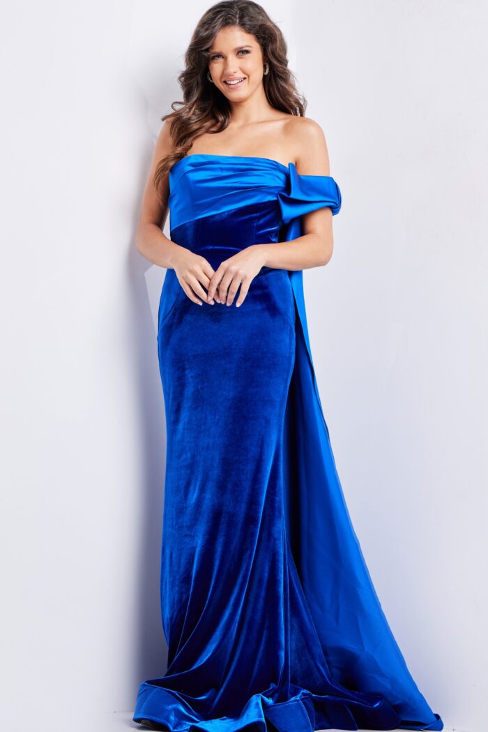 Model wearing Royal Fitted Off the Shoulder Velvet Dress 37390