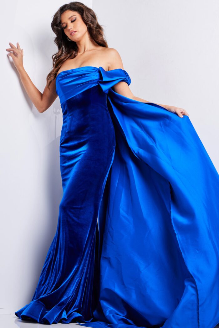 Model wearing Royal Fitted Off the Shoulder Velvet Dress 37390