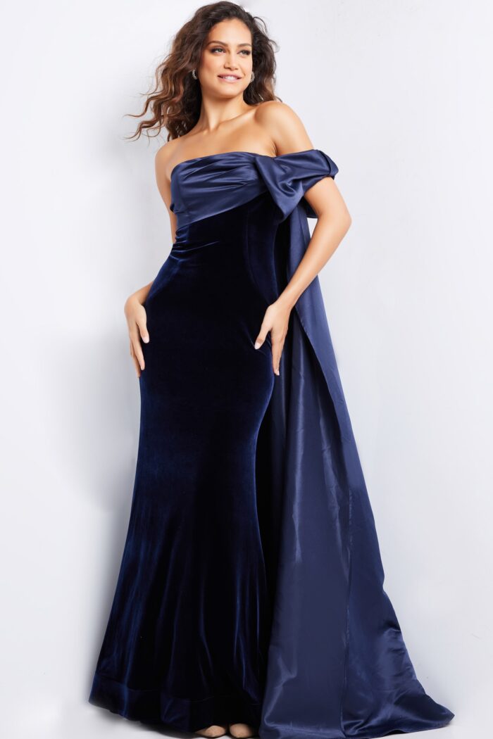 Model wearing Navy Off the shoulder Straight Neck Gown 37391