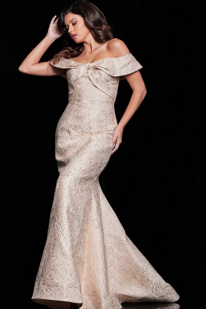 Model wearing Cream Off the Shoulder Mermaid Evening Gown 37394