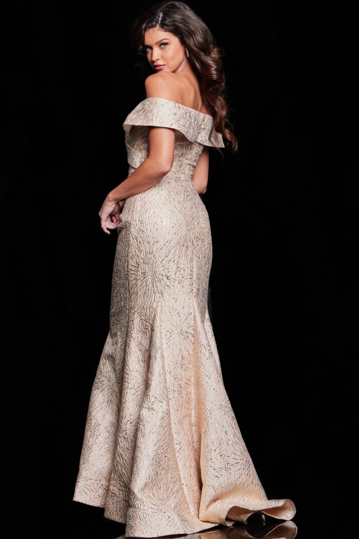 Model wearing Cream Off the Shoulder Mermaid Evening Gown 37394
