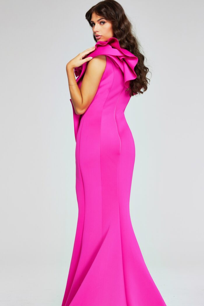 Model wearing Fuchsia One-Shoulder Gown with Ruffle Detail and Side Slit 37400