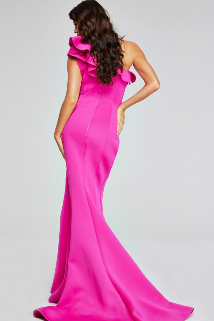 Model wearing Fuchsia One-Shoulder Gown with Ruffle Detail and Side Slit 37400